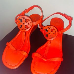 Tory Burch Orange Leather Wedge Sandal Size 8.5